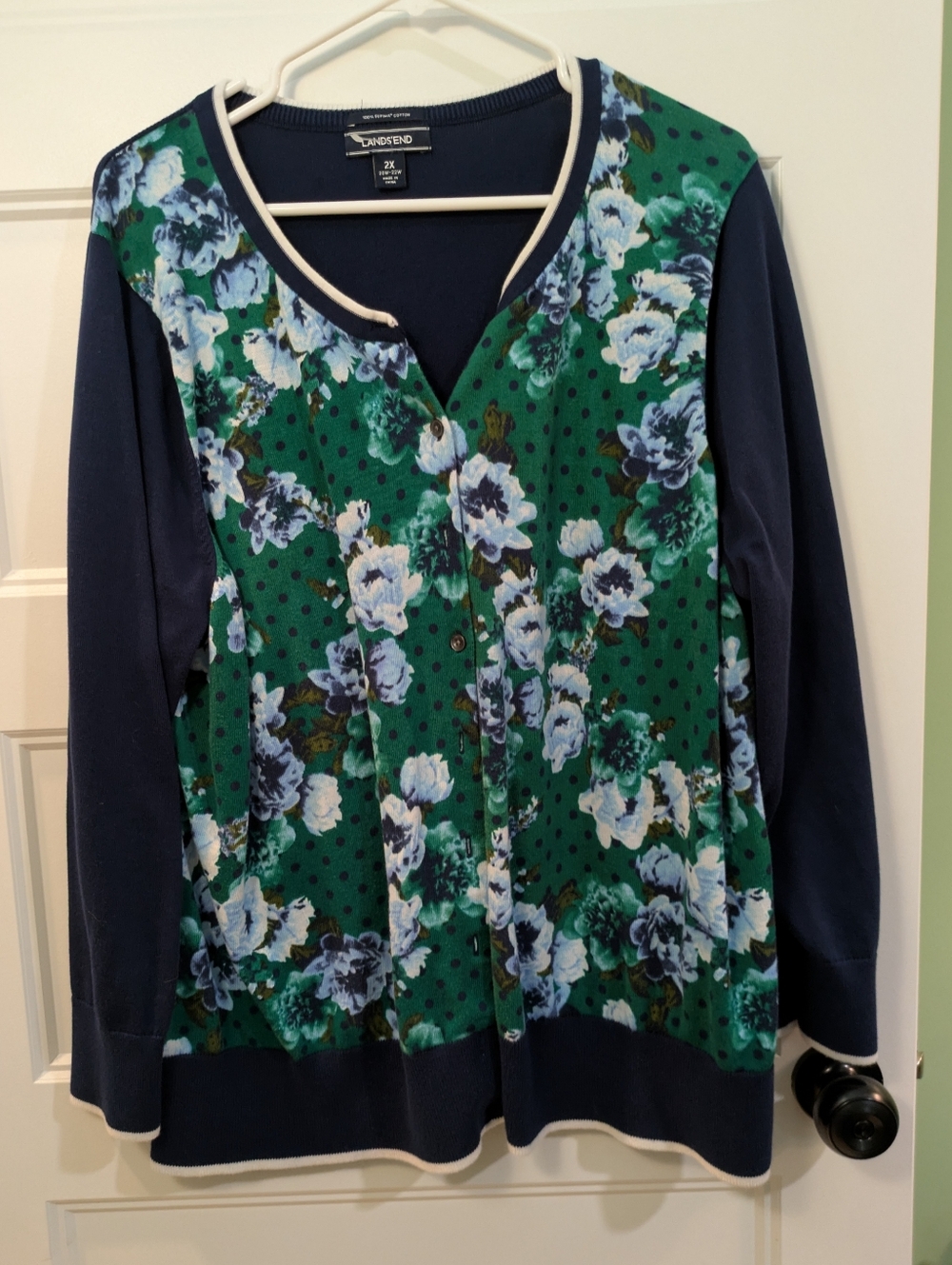 Lands End Navy & Green Floral Cardigan